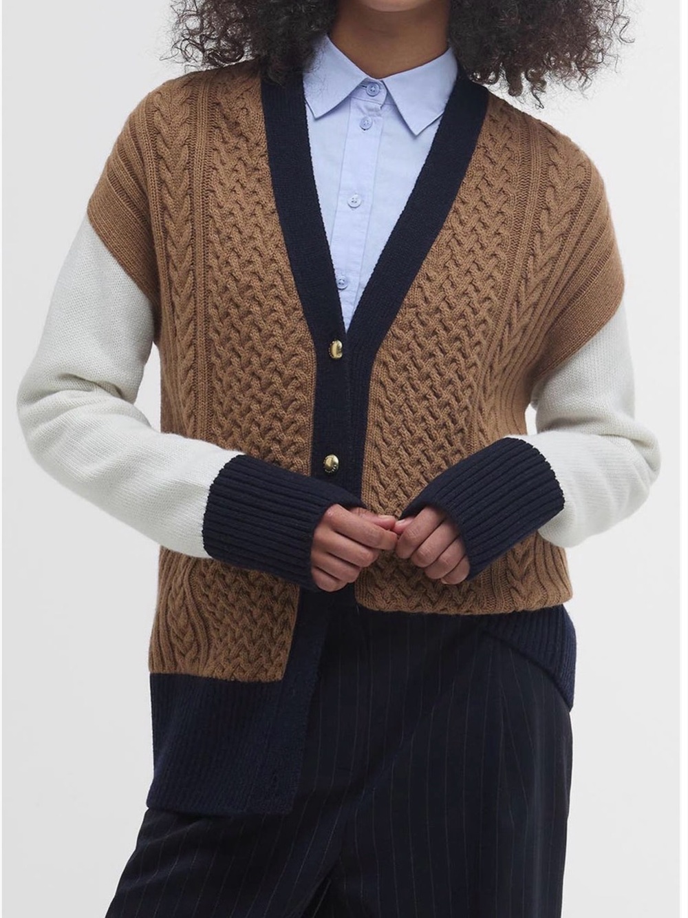 Barbour Marcy Cable-Knit Cardigan | Camel Colorblock Wool Cashmere Blend | US 6